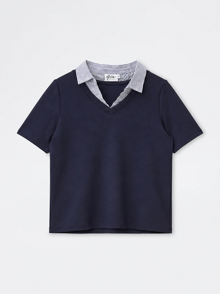 Gia Navy Solid Collar-Detail T-Shirt